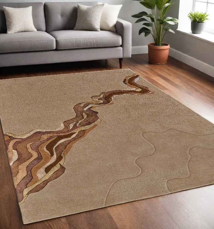 5 x 8 Beige and Brown Abstract Hand Tufted Area Rug Image 7