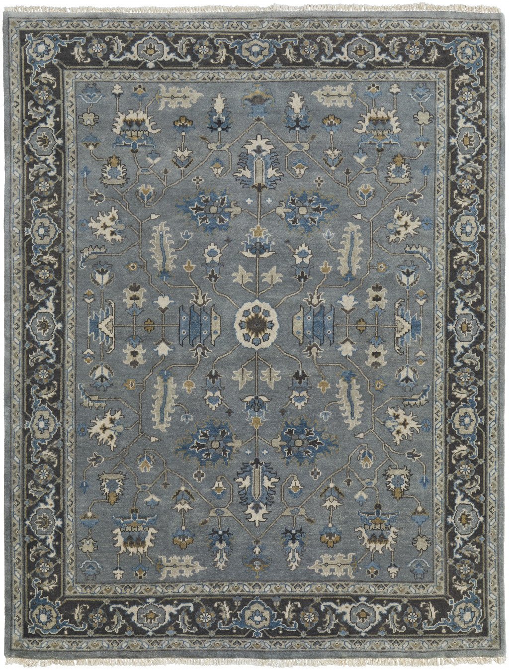 5 X 8 Blue Gray And Taupe Wool Floral Hand Knotted Stain Resistant Area Rug Image 1