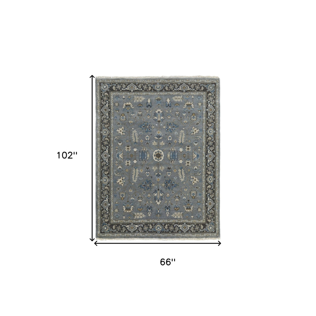 5 X 8 Blue Gray And Taupe Wool Floral Hand Knotted Stain Resistant Area Rug Image 2