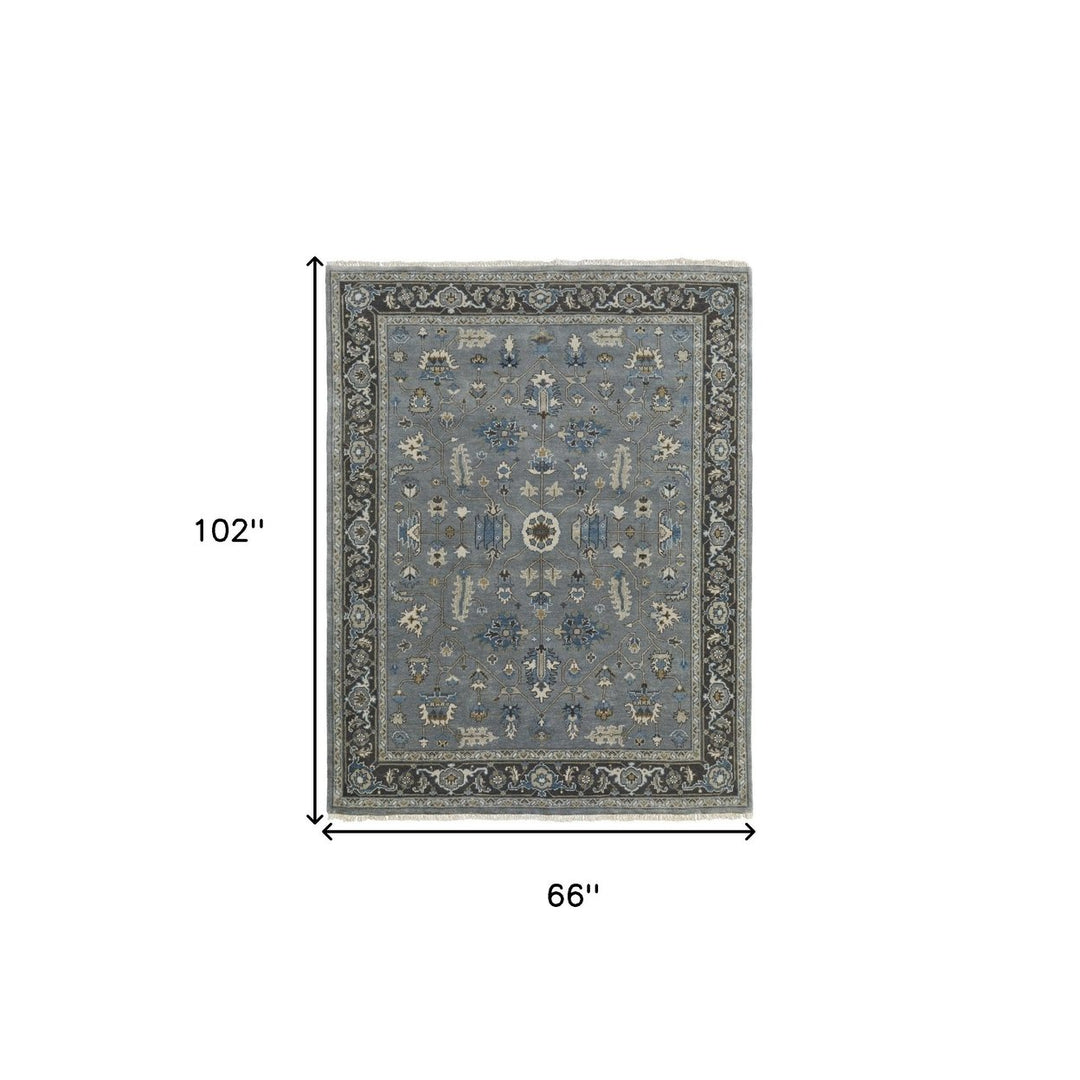 5 X 8 Blue Gray And Taupe Wool Floral Hand Knotted Stain Resistant Area Rug Image 1