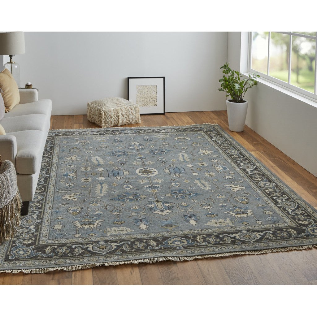 5 X 8 Blue Gray And Taupe Wool Floral Hand Knotted Stain Resistant Area Rug Image 10