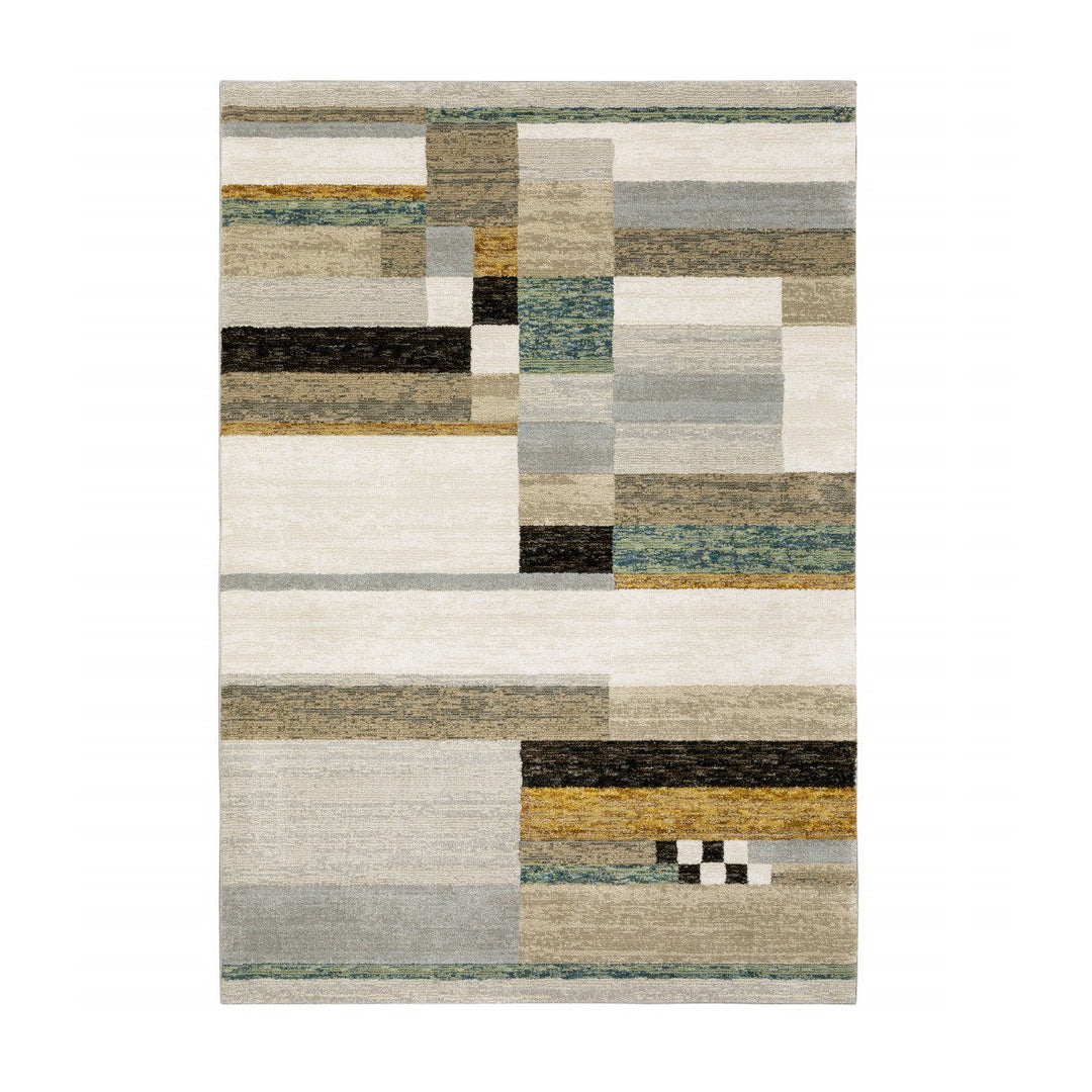 5 x 7 Beige Gold Black Grey Tan Teal and Rust Geometric Power Loom Area Rug Image 10