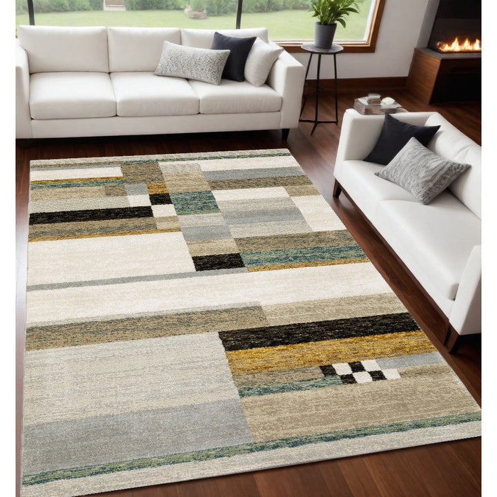 5 x 7 Beige Gold Black Grey Tan Teal and Rust Geometric Power Loom Area Rug Image 12