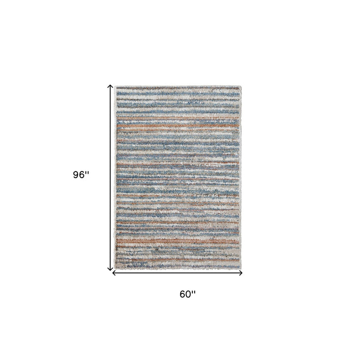 5 X 8 Ivory Blue And Orange Striped Power Loom Stain Resistant Area Rug Image 3