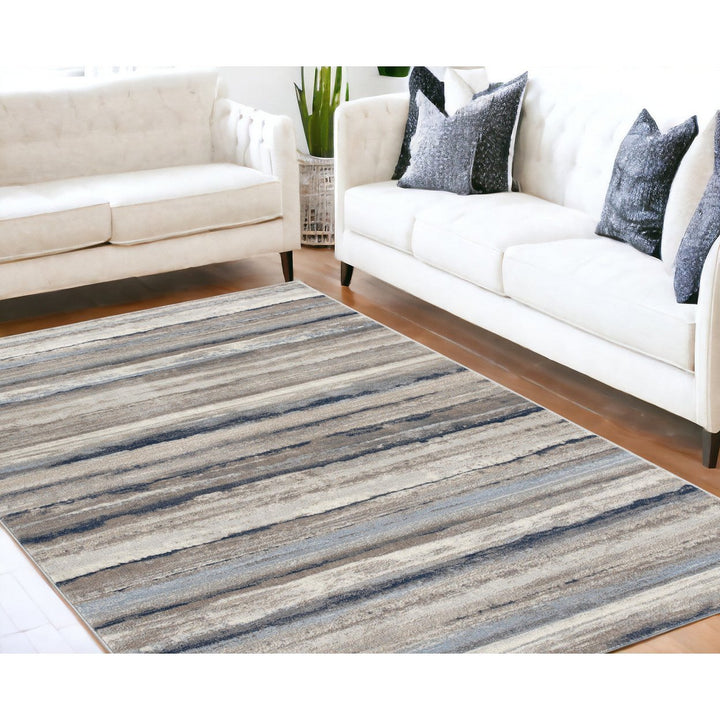 8 X 11 Blue And Beige Distressed Stripes Area Rug Image 1