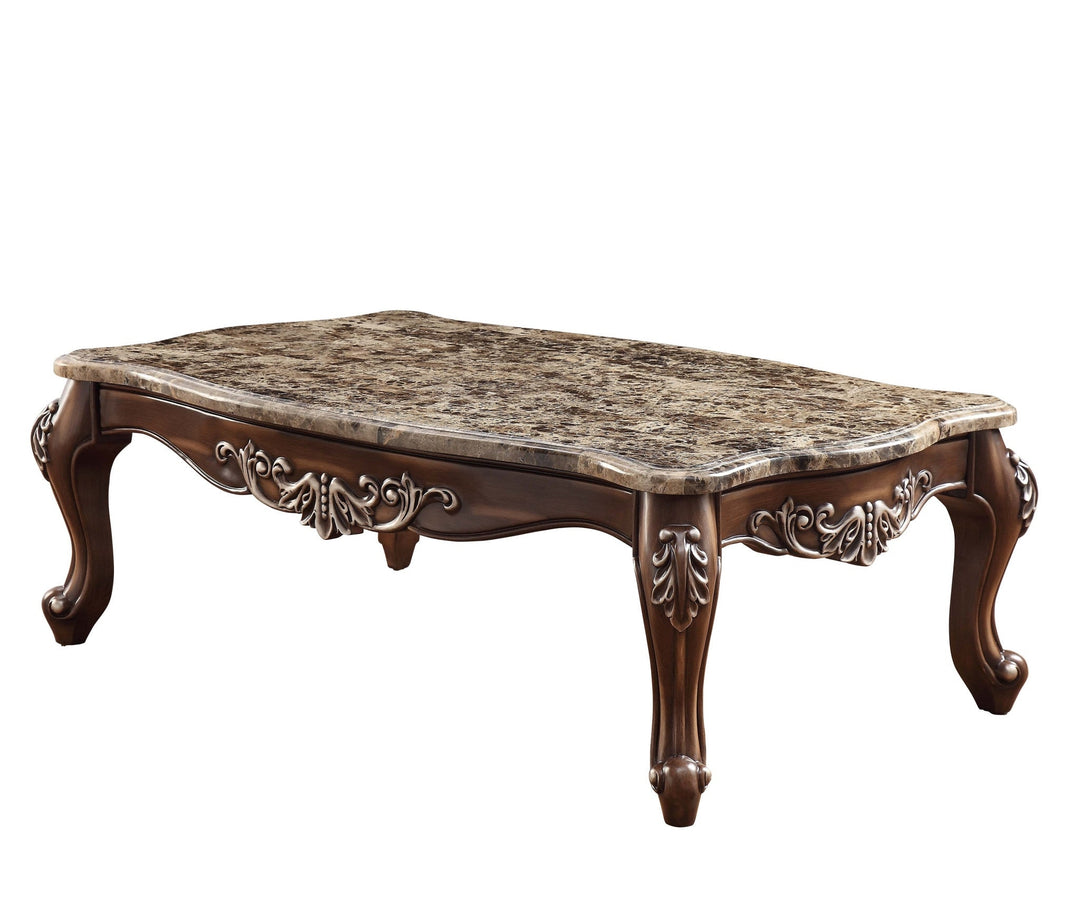 57" Brown And Oak Faux Marble And Solid And Manufactured Wood Coffee Table Image 1