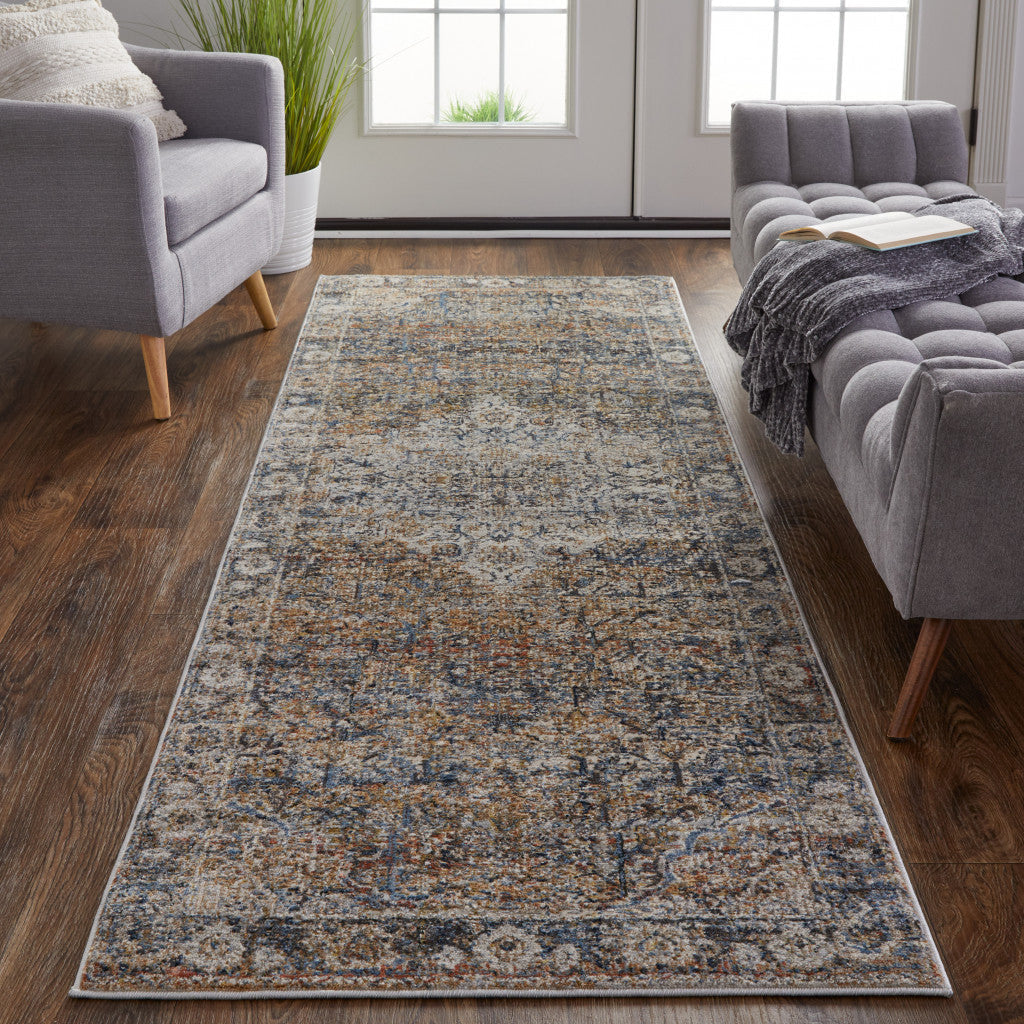 8 X 10 Tan Orange And Blue Floral Power Loom Distressed Area Rug With Fringe Image 12