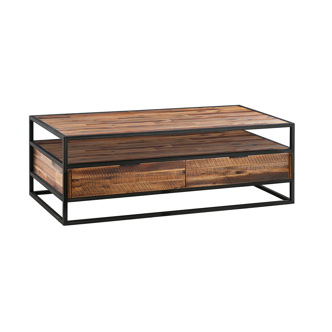 50" Brown And Black Solid Wood And Metal Coffee Table With Two Drawers And Shelf Image 2