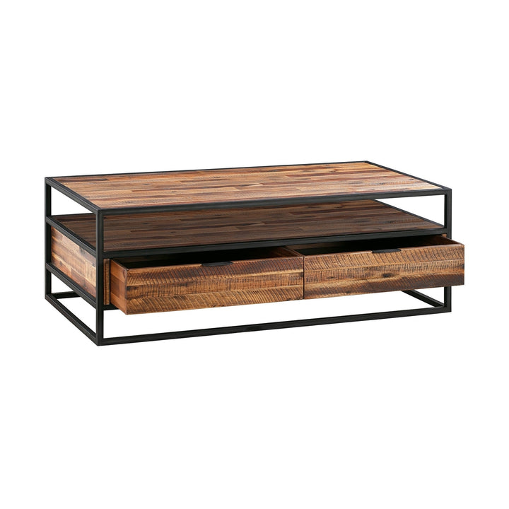 50" Brown And Black Solid Wood And Metal Coffee Table With Two Drawers And Shelf Image 3