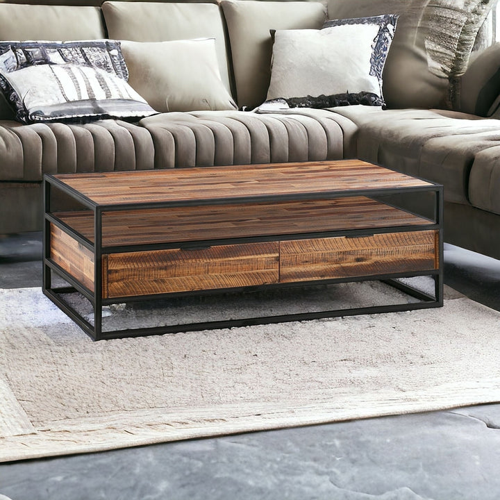 50" Brown And Black Solid Wood And Metal Coffee Table With Two Drawers And Shelf Image 6