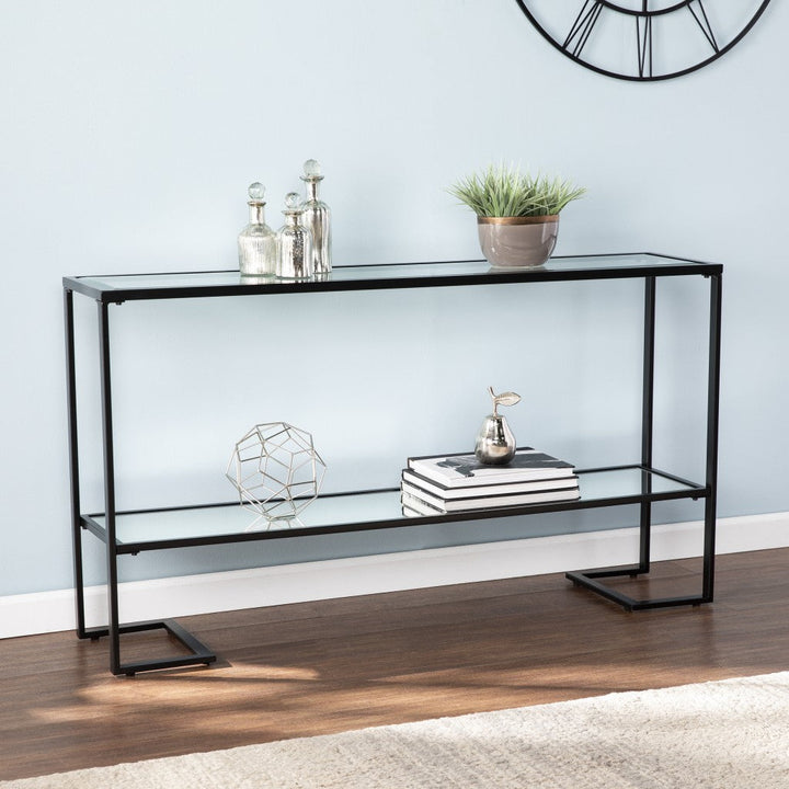 52" Clear and Black Glass Mirrored Frame Console Table With Storage Image 1