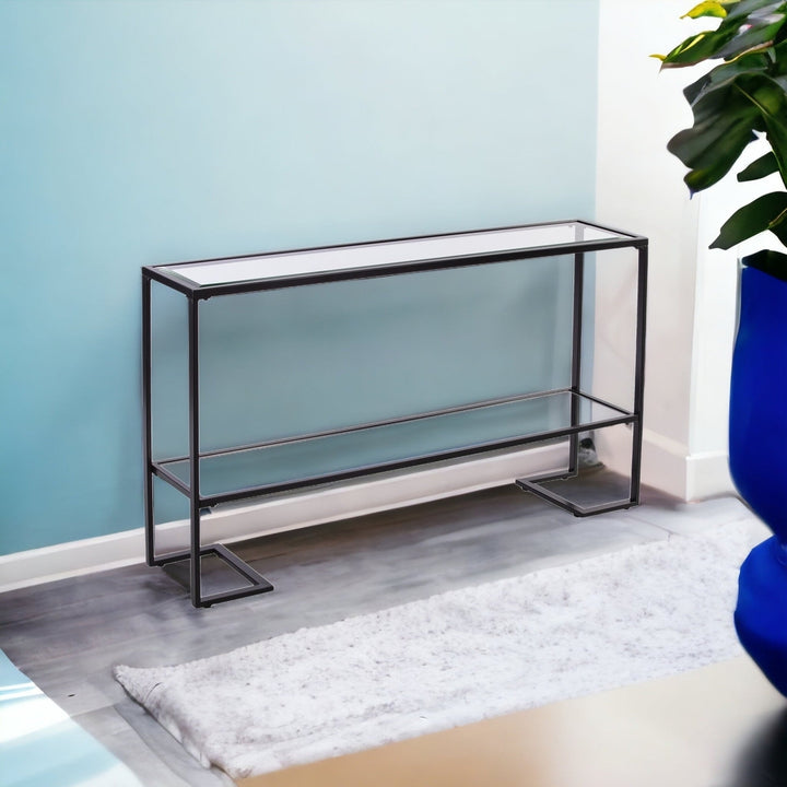 52" Clear and Black Glass Mirrored Frame Console Table With Storage Image 8