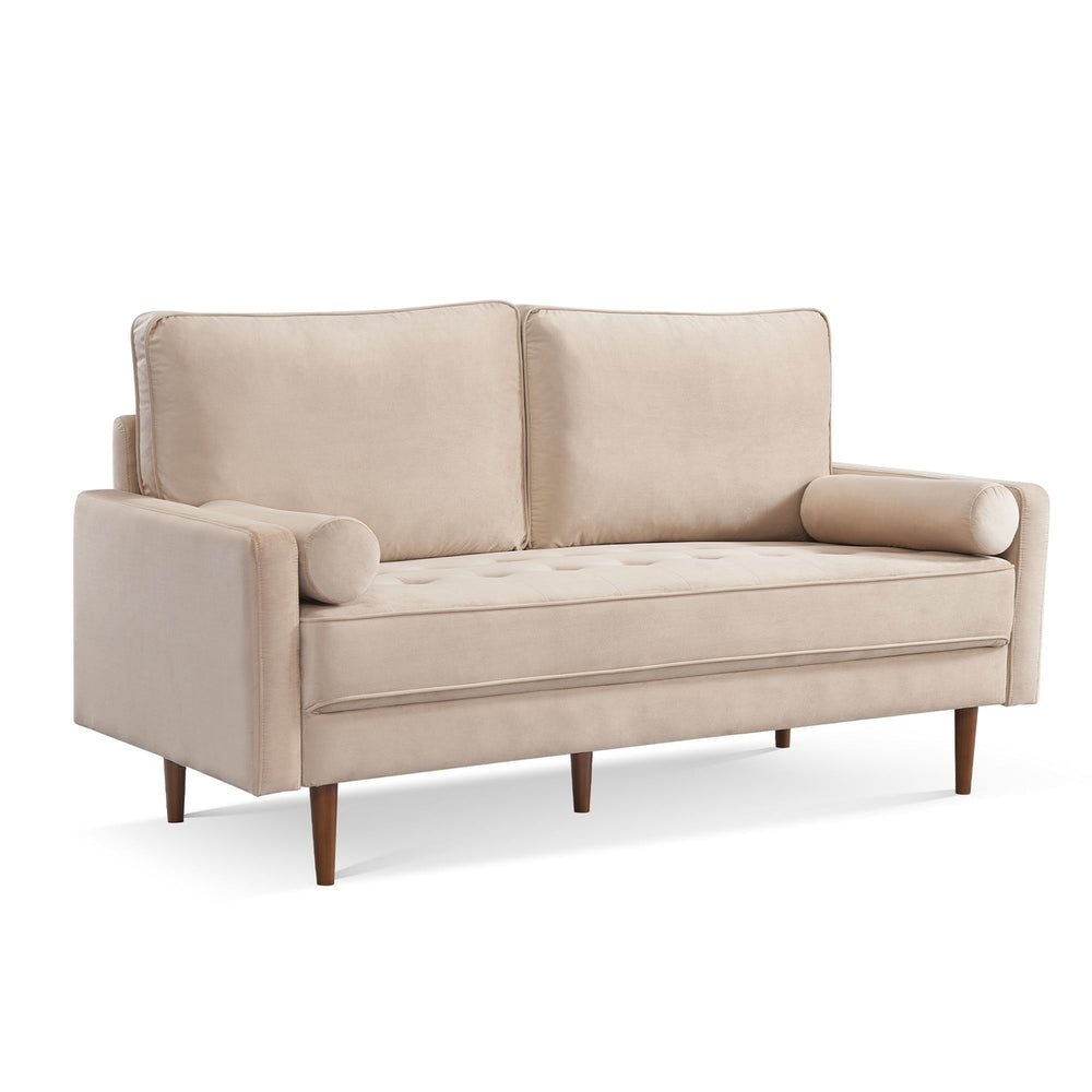 69" Beige Velvet Sofa And Toss Pillows With Dark Brown Legs Image 2