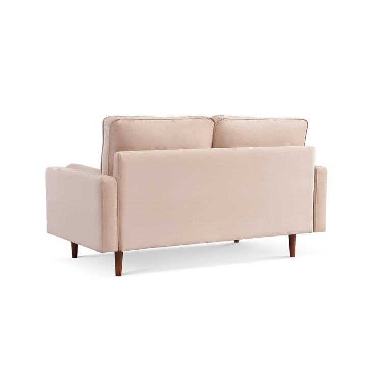 69" Beige Velvet Sofa And Toss Pillows With Dark Brown Legs Image 3