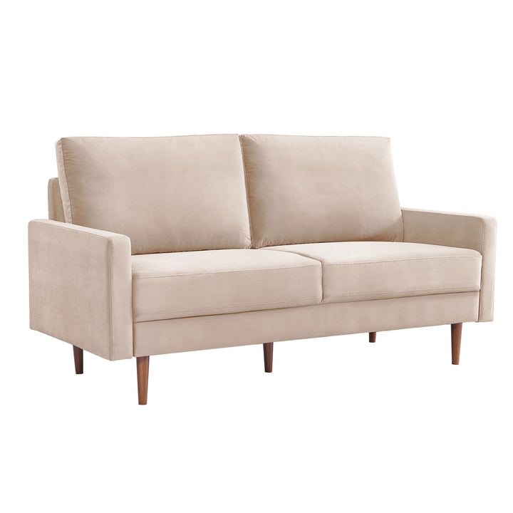 69" Beige Velvet Sofa With Dark Brown Legs Image 2