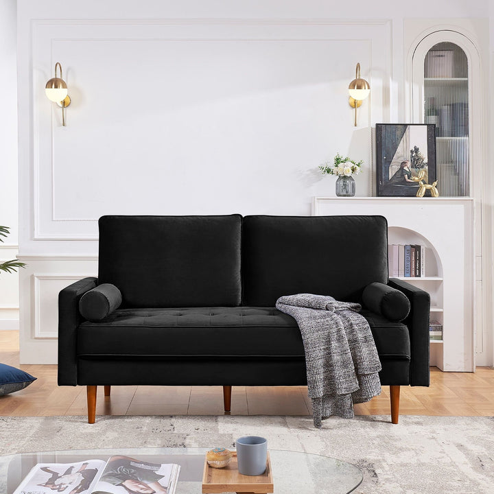 69" Black Velvet Sofa And Toss Pillows With Dark Brown Legs Image 1