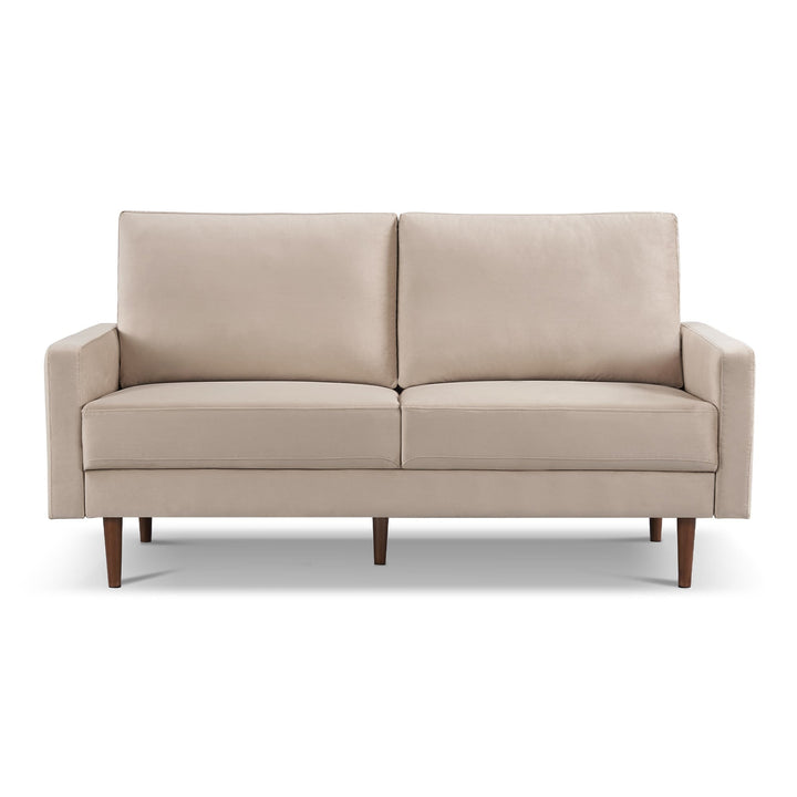 69" Beige Velvet Sofa With Dark Brown Legs Image 5