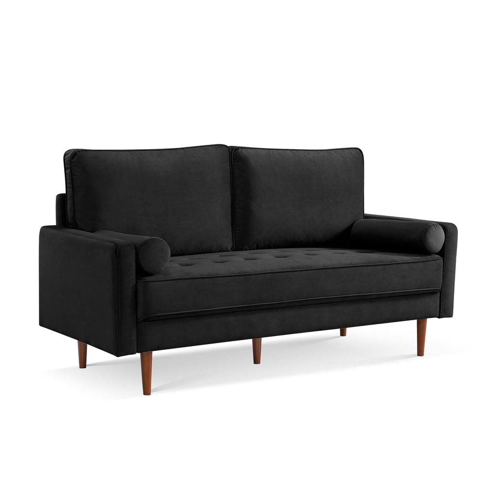 69" Black Velvet Sofa And Toss Pillows With Dark Brown Legs Image 2