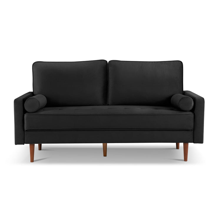 69" Black Velvet Sofa And Toss Pillows With Dark Brown Legs Image 4