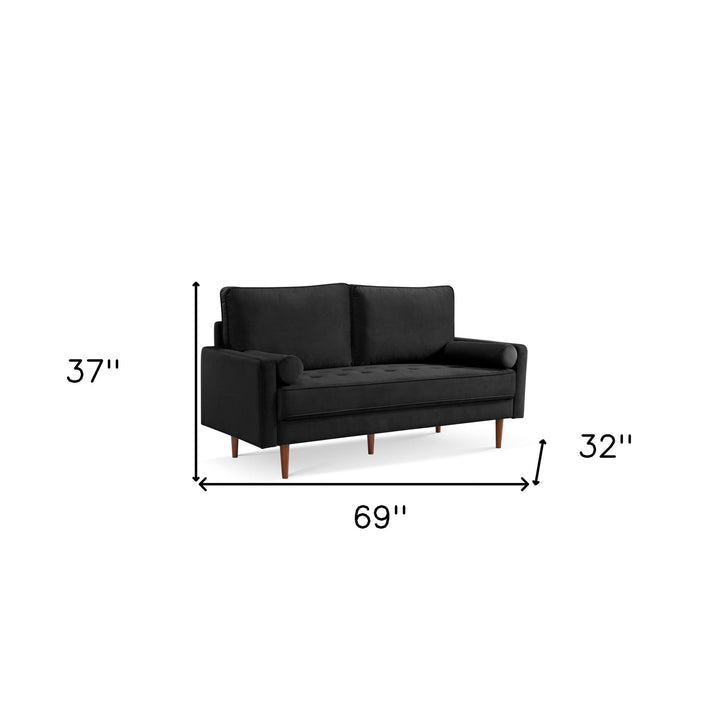 69" Black Velvet Sofa And Toss Pillows With Dark Brown Legs Image 5