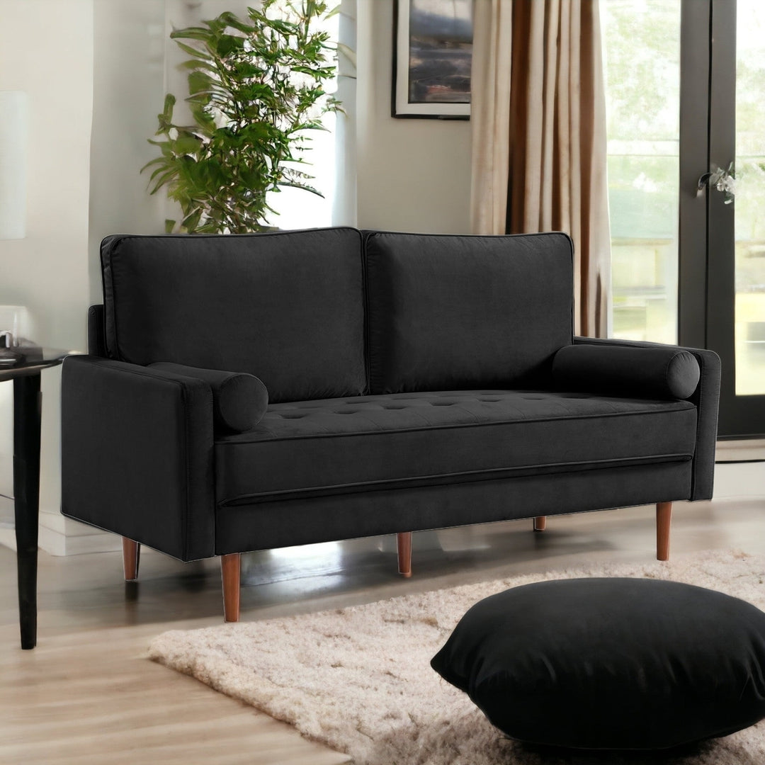 69" Black Velvet Sofa And Toss Pillows With Dark Brown Legs Image 6