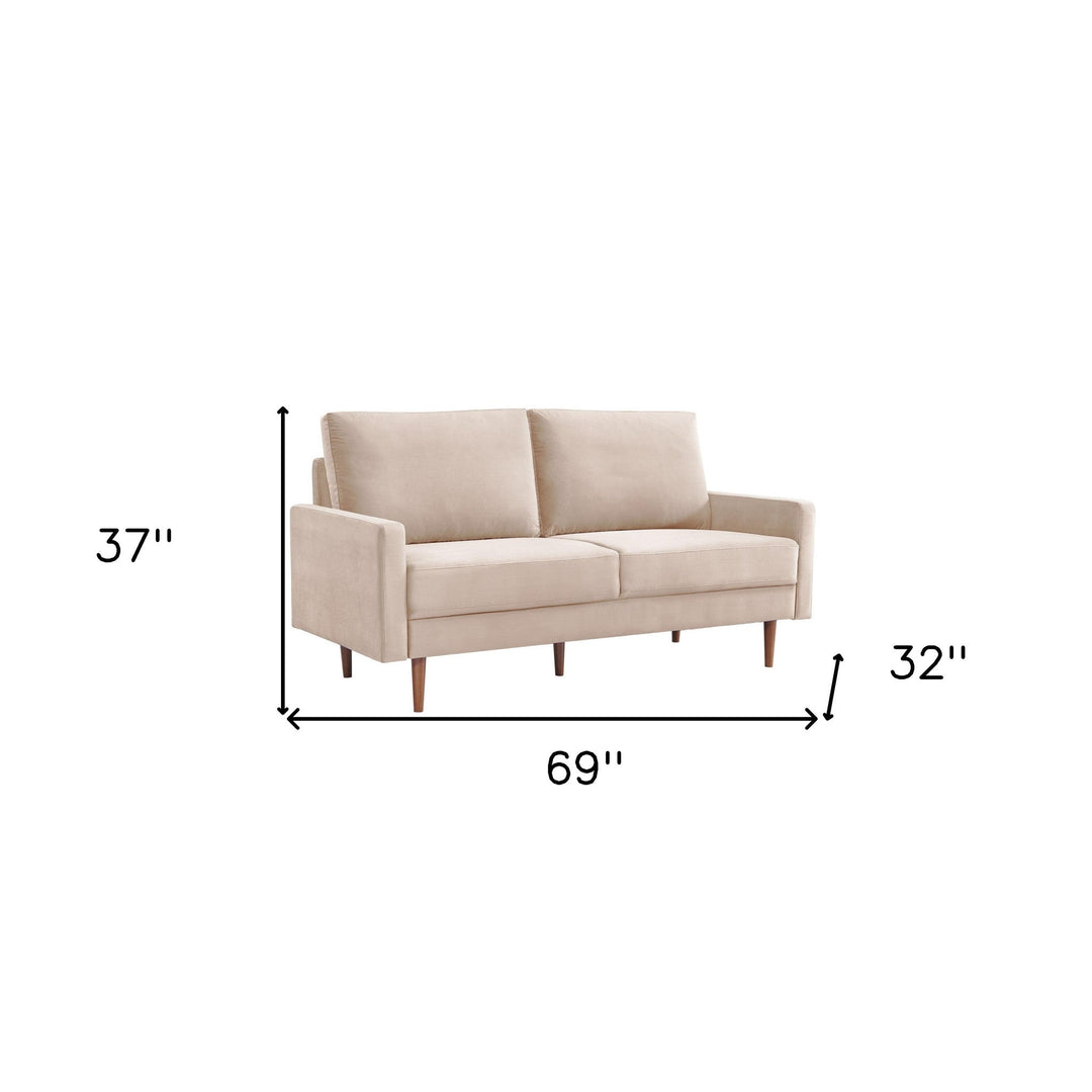 69" Beige Velvet Sofa With Dark Brown Legs Image 6