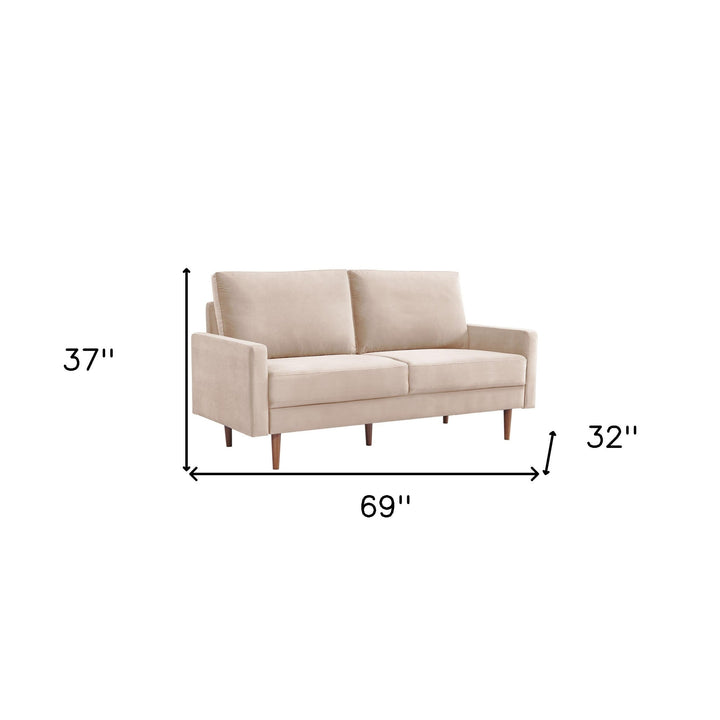 69" Beige Velvet Sofa With Dark Brown Legs Image 6