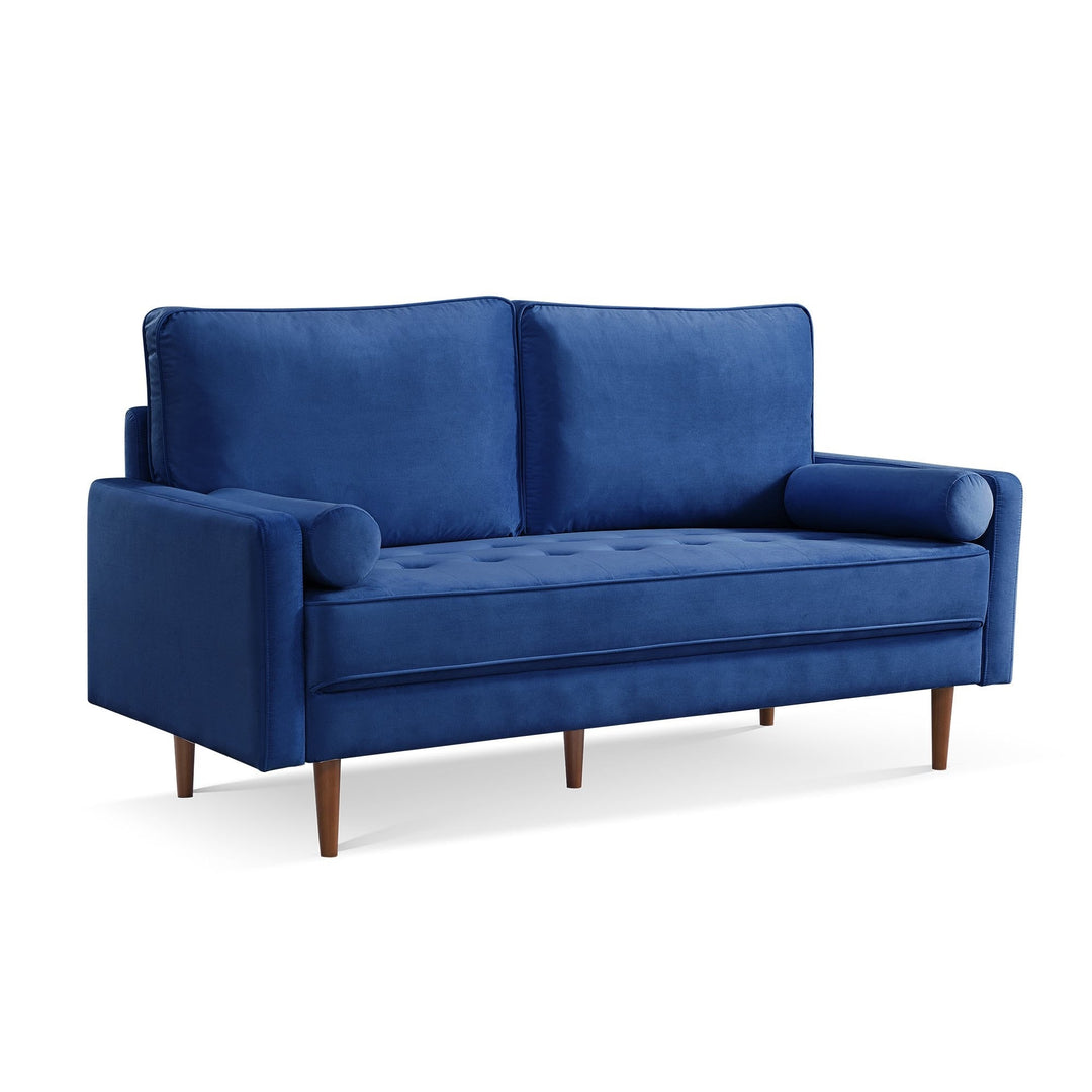 69" Blue Velvet Sofa And Toss Pillows With Dark Brown Legs Image 2