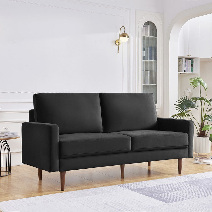 69" Black Velvet Sofa With Dark Brown Legs Image 1