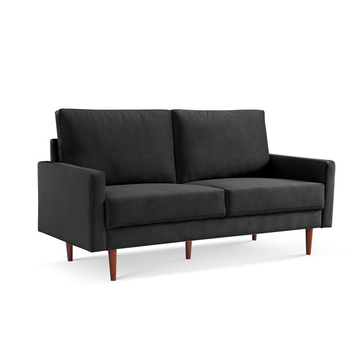 69" Black Velvet Sofa With Dark Brown Legs Image 2