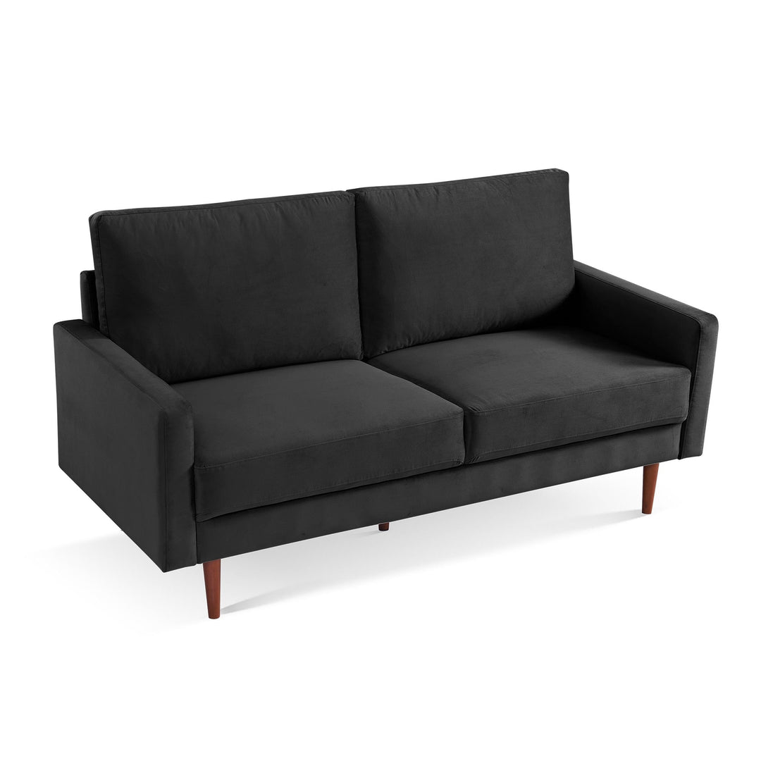 69" Black Velvet Sofa With Dark Brown Legs Image 3