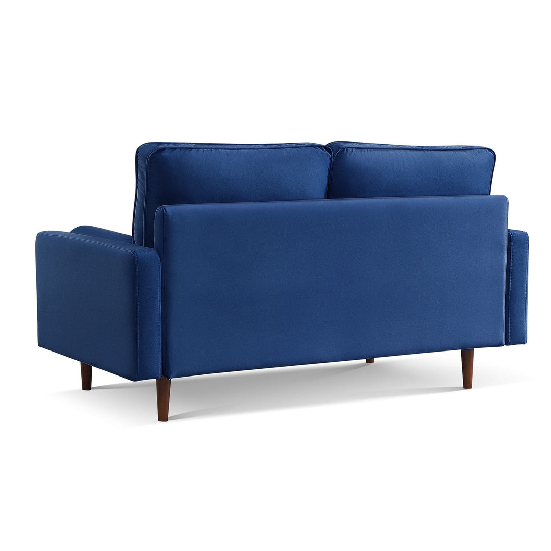 69" Blue Velvet Sofa And Toss Pillows With Dark Brown Legs Image 3