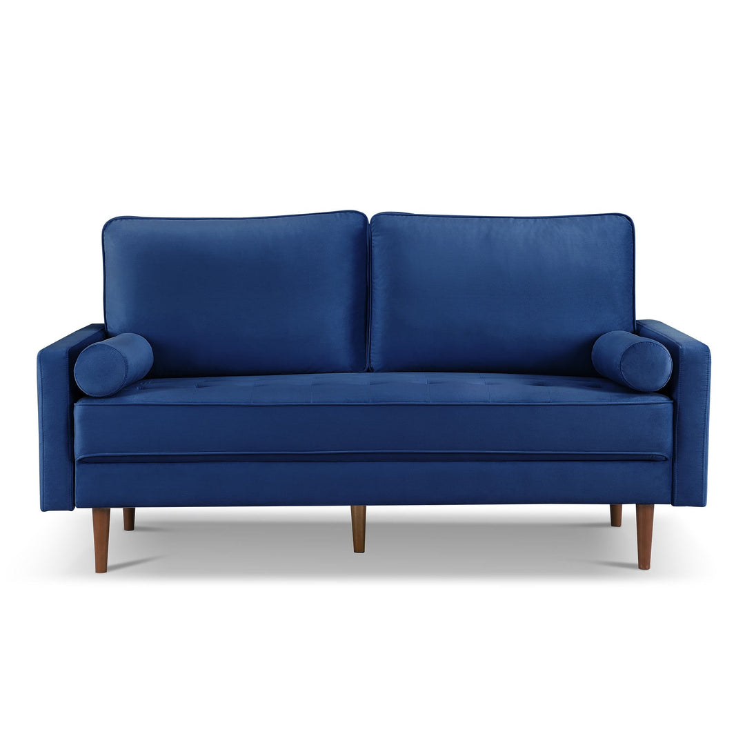 69" Blue Velvet Sofa And Toss Pillows With Dark Brown Legs Image 4