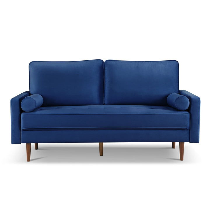 69" Blue Velvet Sofa And Toss Pillows With Dark Brown Legs Image 4