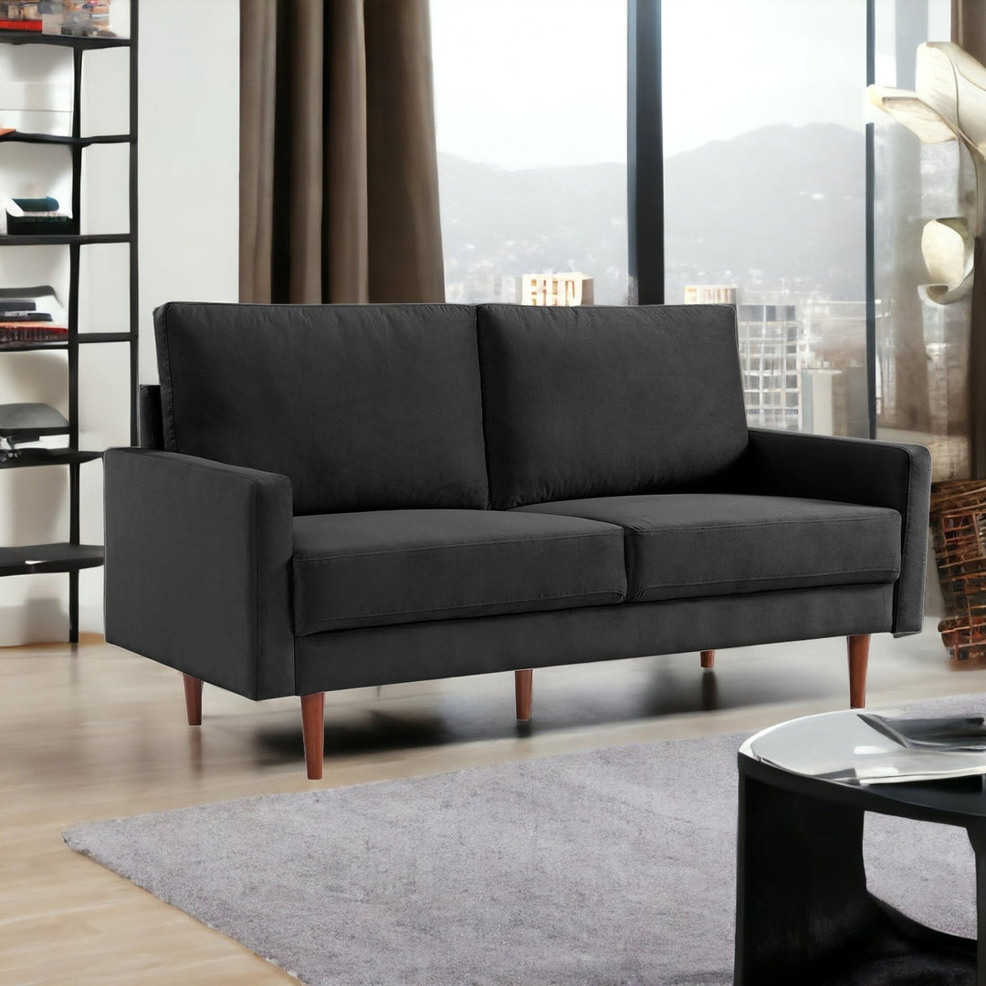 69" Black Velvet Sofa With Dark Brown Legs Image 6