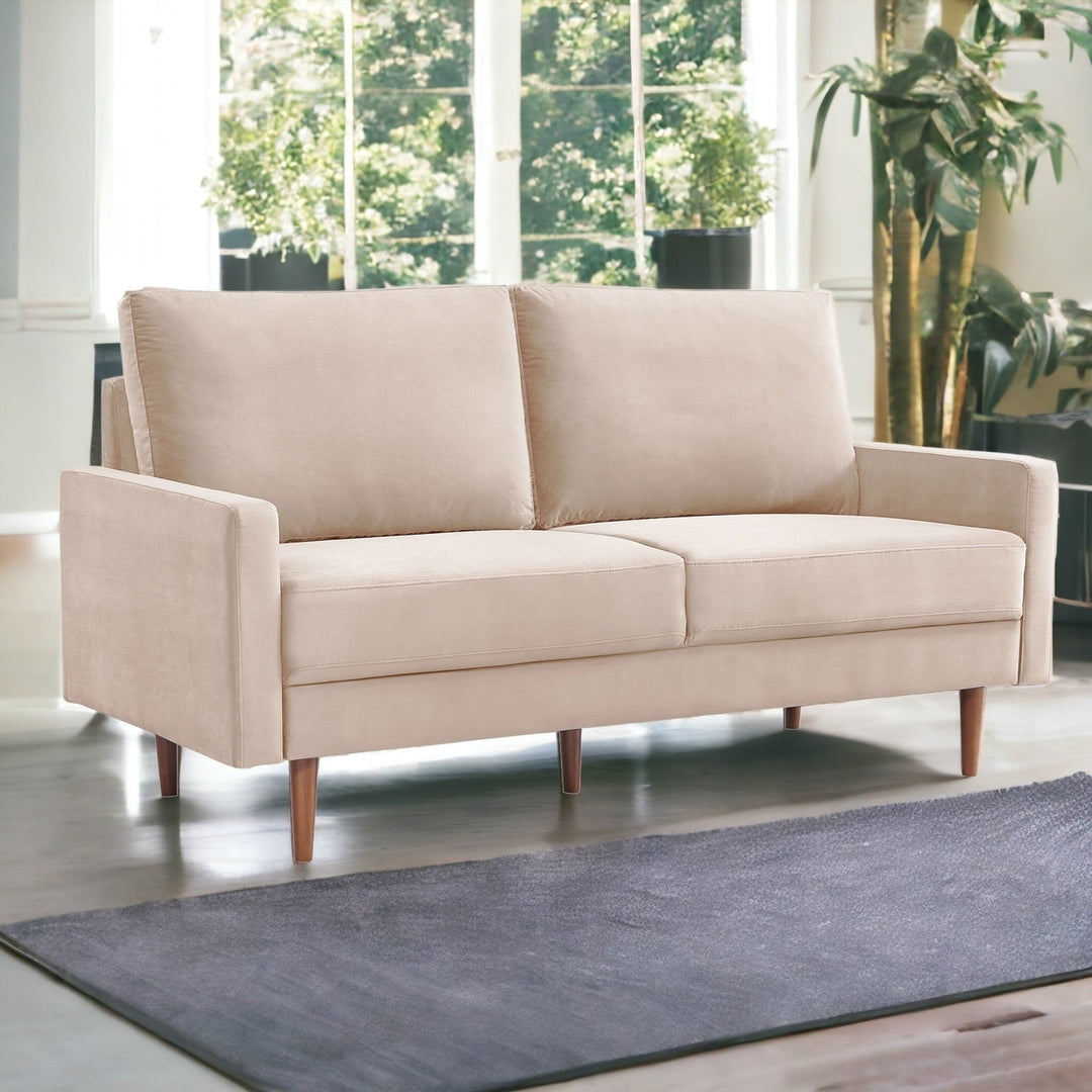 69" Beige Velvet Sofa With Dark Brown Legs Image 7