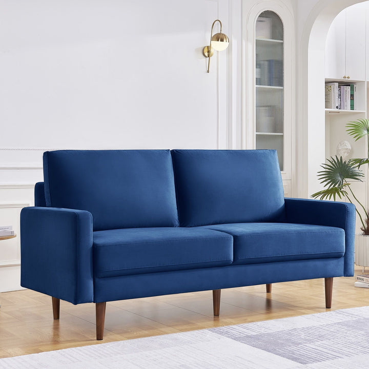 69" Blue Velvet Sofa With Dark Brown Legs Image 1