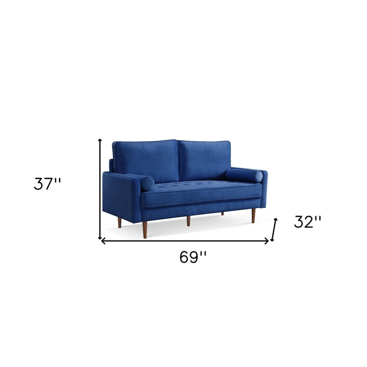 69" Blue Velvet Sofa And Toss Pillows With Dark Brown Legs Image 5