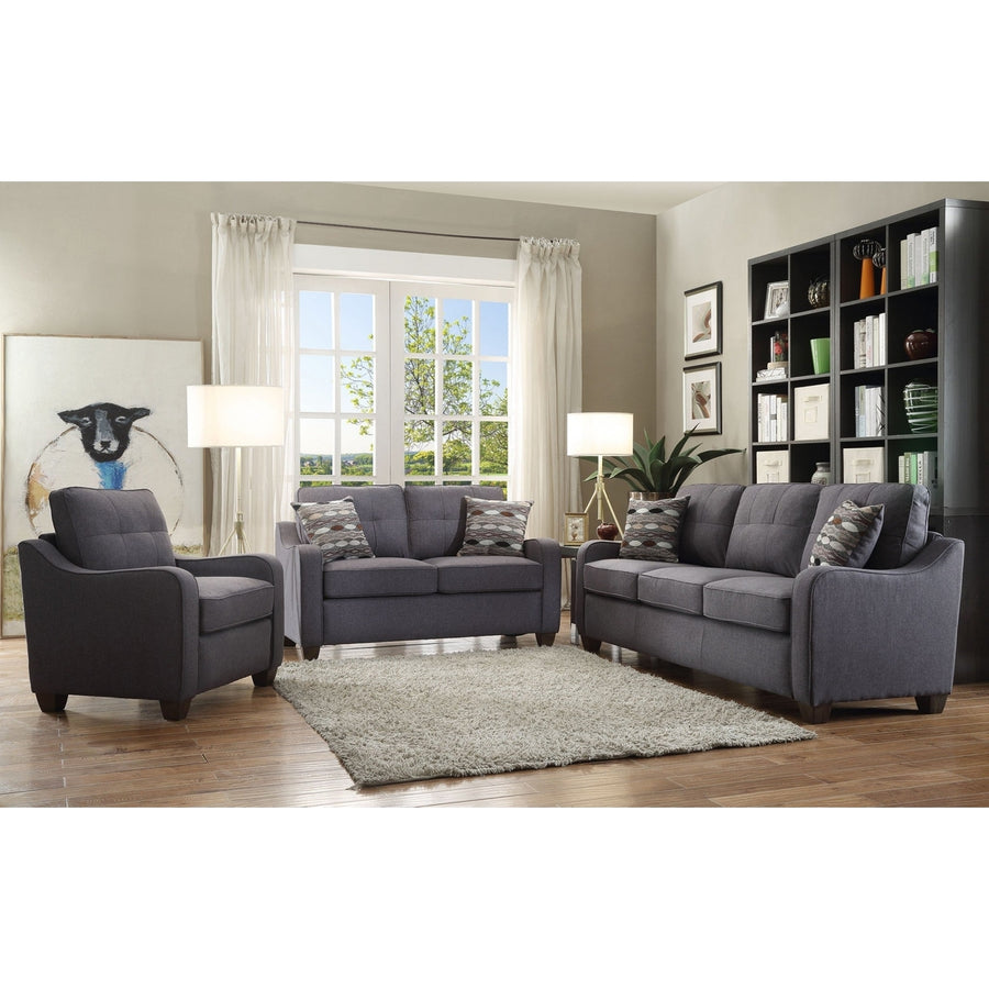 69" Gray Linen Sofa And Toss Pillows With Dark Brown Legs Image 1