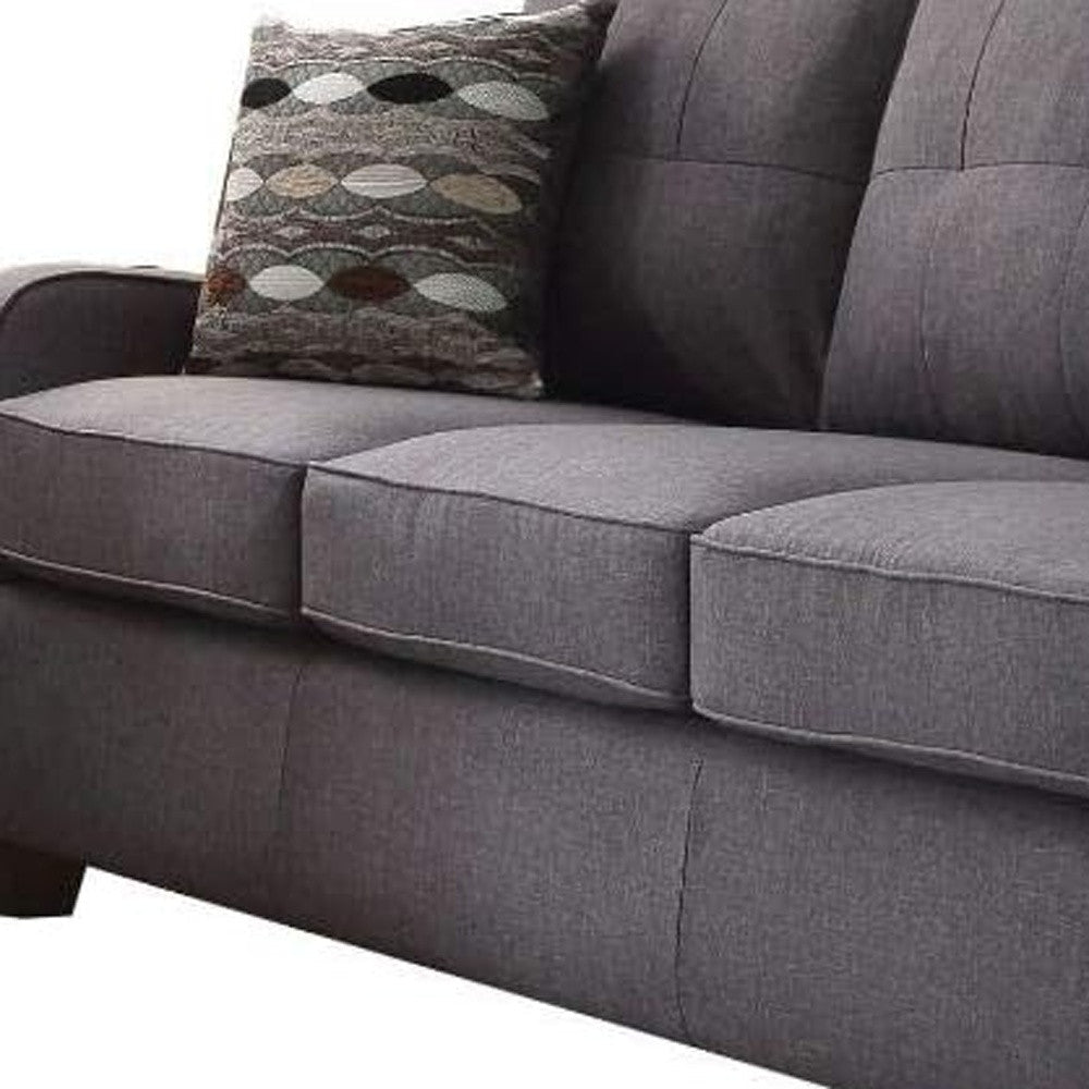 69" Gray Linen Sofa And Toss Pillows With Dark Brown Legs Image 2