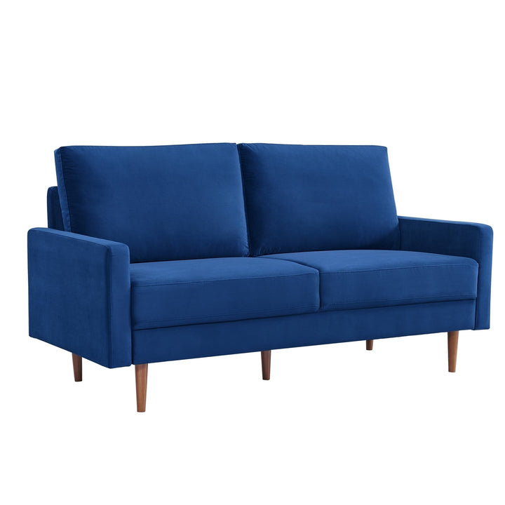 69" Blue Velvet Sofa With Dark Brown Legs Image 2