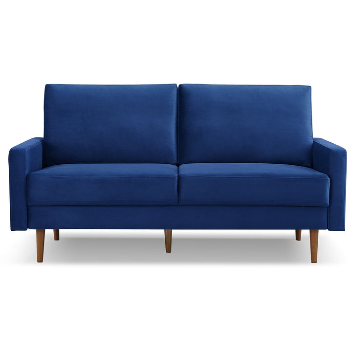 69" Blue Velvet Sofa With Dark Brown Legs Image 3