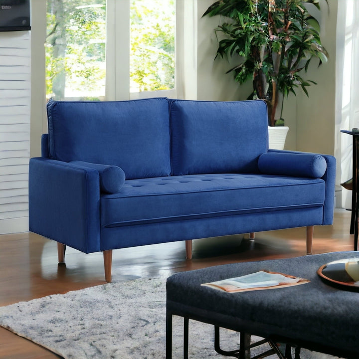 69" Blue Velvet Sofa And Toss Pillows With Dark Brown Legs Image 6