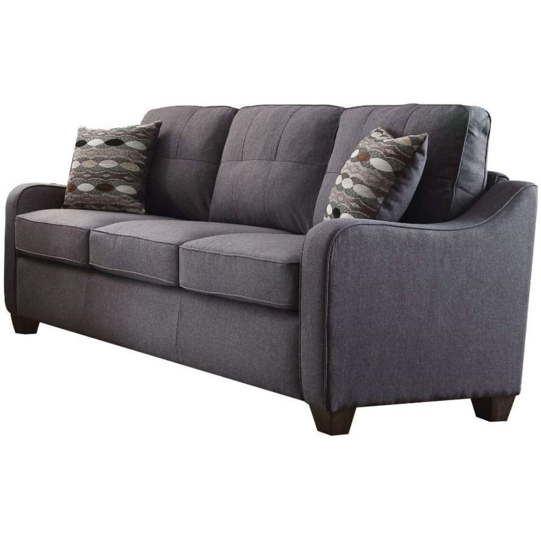 69" Gray Linen Sofa And Toss Pillows With Dark Brown Legs Image 4