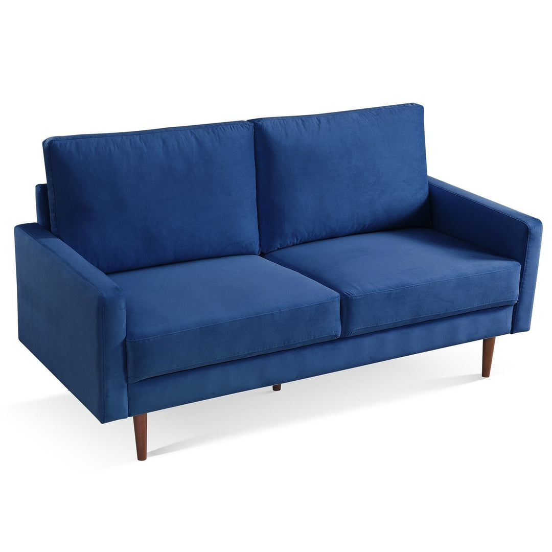 69" Blue Velvet Sofa With Dark Brown Legs Image 4