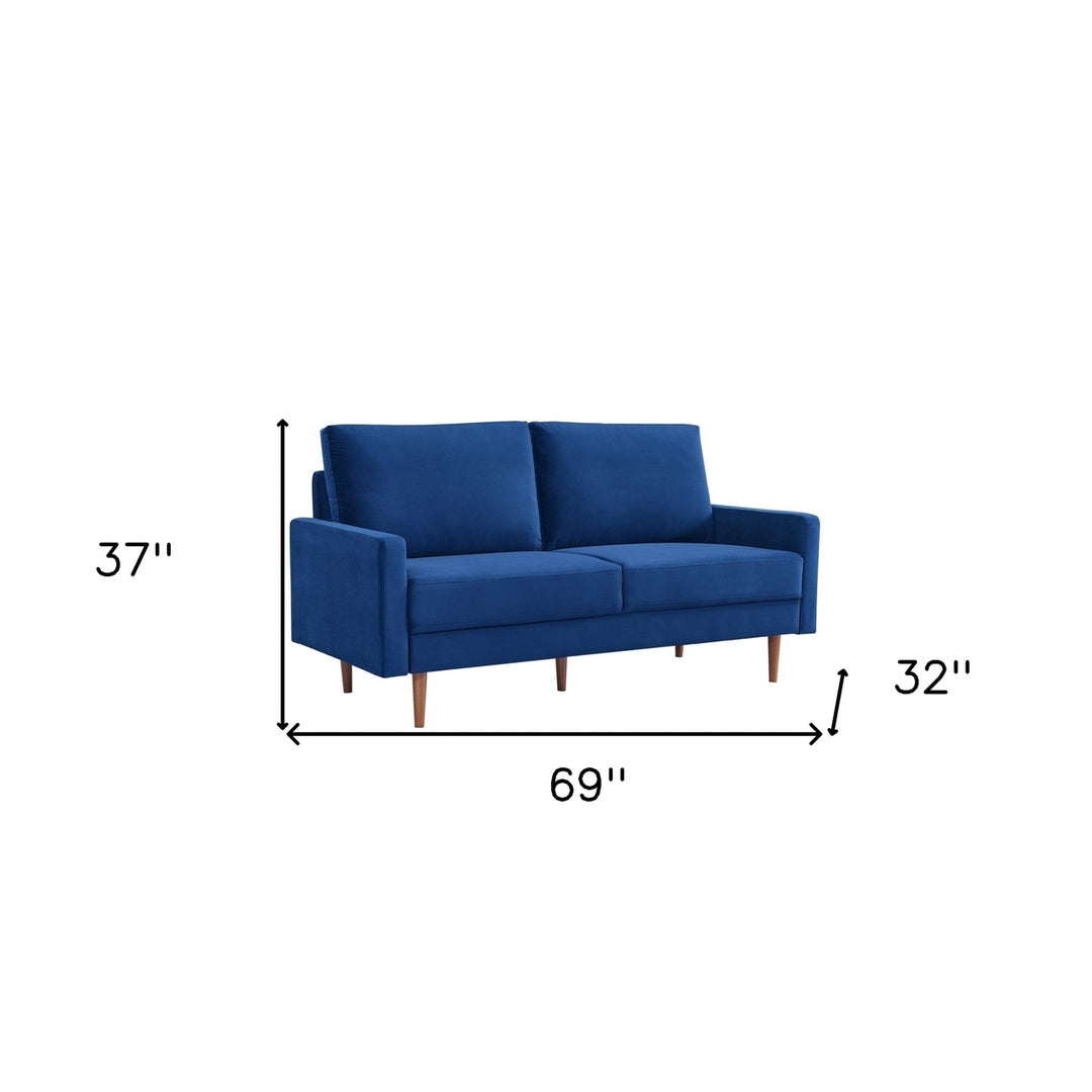 69" Blue Velvet Sofa With Dark Brown Legs Image 5