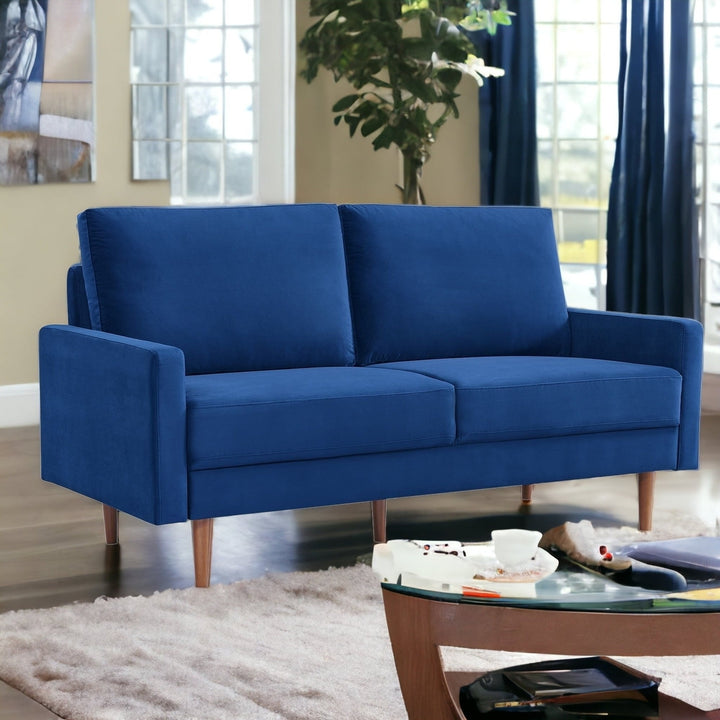 69" Blue Velvet Sofa With Dark Brown Legs Image 6