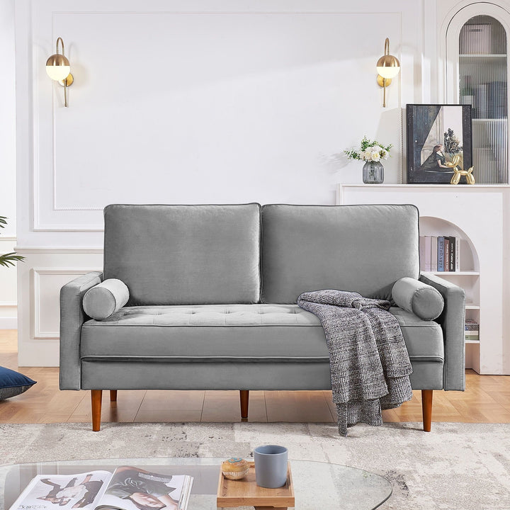 69" Gray Velvet Sofa And Toss Pillows With Dark Brown Legs Image 1