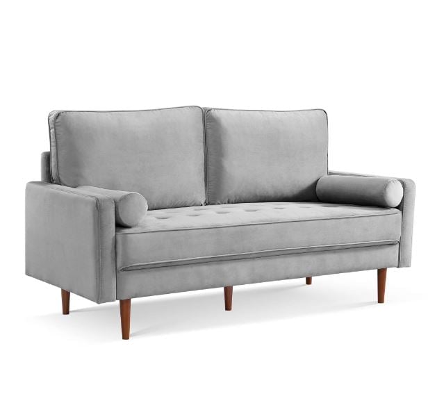 69" Gray Velvet Sofa And Toss Pillows With Dark Brown Legs Image 2