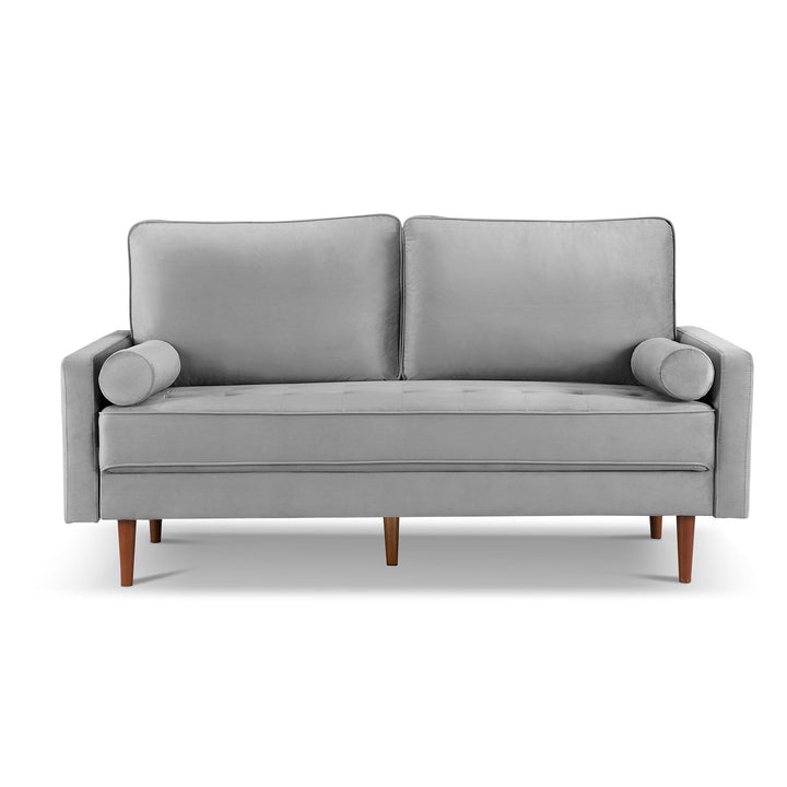 69" Gray Velvet Sofa And Toss Pillows With Dark Brown Legs Image 3